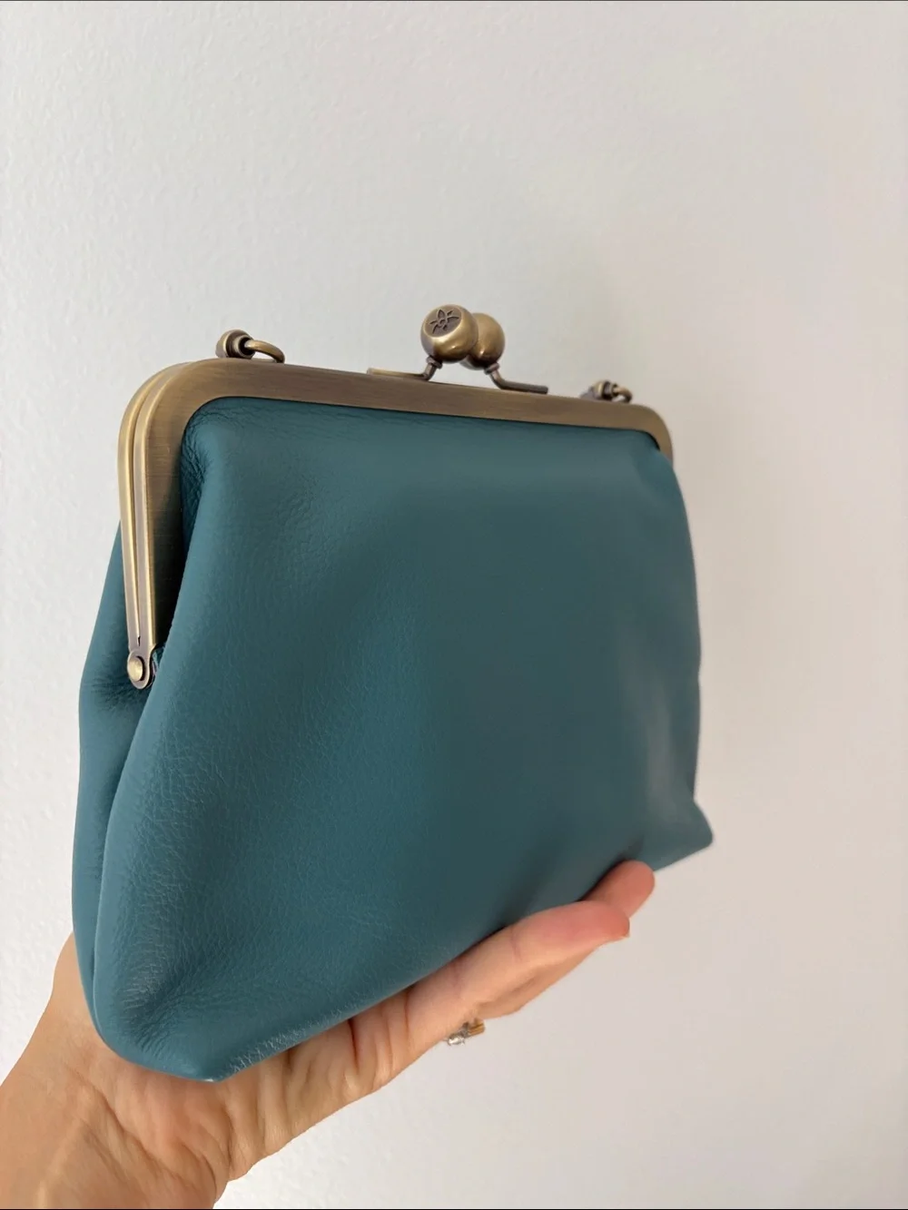Teal Leather Kiss-Lock Wristlet